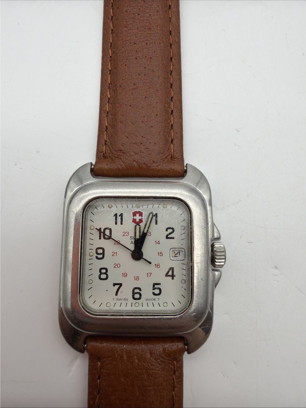 SWISS ARMY Watch Mens Rare Polished RECTANGLE Tank CAVALRY New Leather Band Read